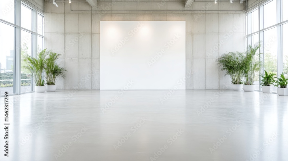 Empty Gallery Space with Plants Minimalist Bright Lighting Wide Shot Polished Concrete Floor Display Area Serene Atmosphere Ideal for Real Estate Listings Empty Gallery Space with Plants Minimalist Bright Lighting Wide Shot Polished Concrete Floor Display Area Serene Atmosphere Ideal for Real Estate Listings