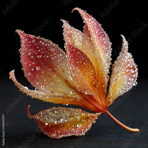 Colorful leaf with water droplets, black isolate background.