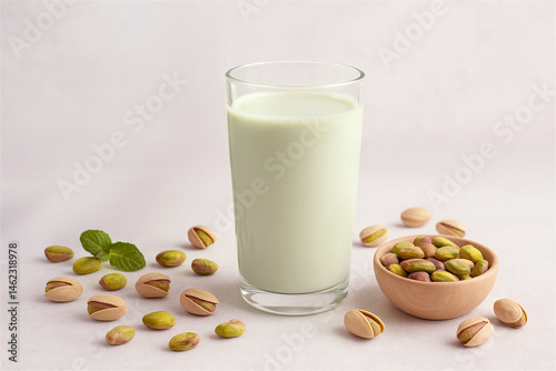 Pistachio milk served in a glass alongside fresh pistachios and mint on a pristine white background, offering a refreshing and nutritious beverage choice for health-conscious individuals photo