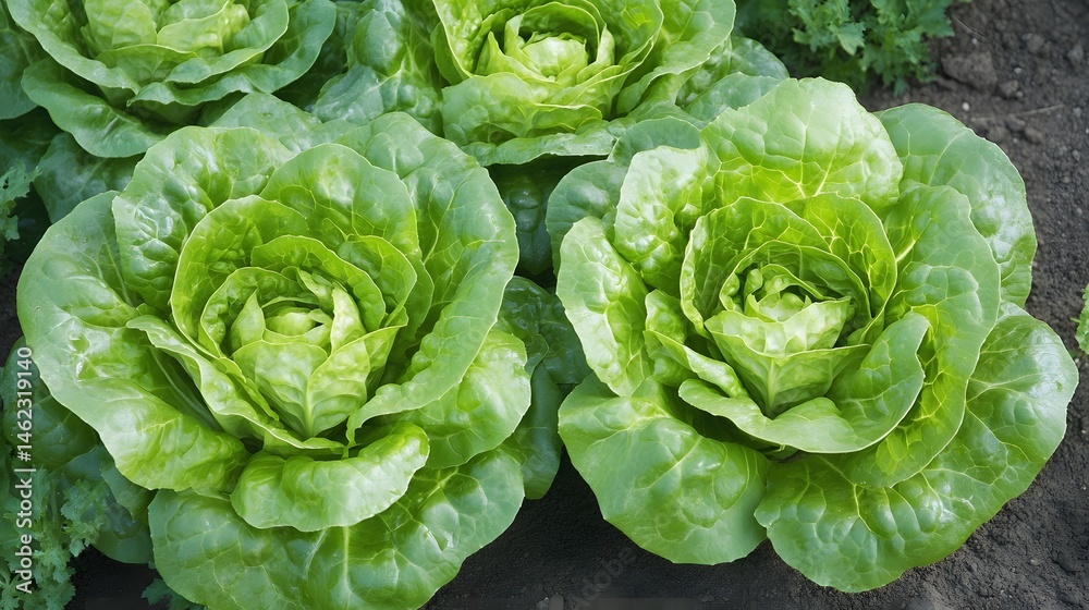 Fototapeta premium Close-up view of fresh, vibrant lettuce heads in a garden bed.