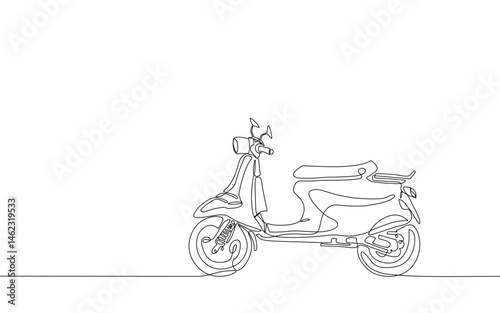 One line drawing of a scooter. Minimalist and continuous line art concept, ideal for transportation, urban life, or vehicle design themes. Vector illustration, Editable stroke