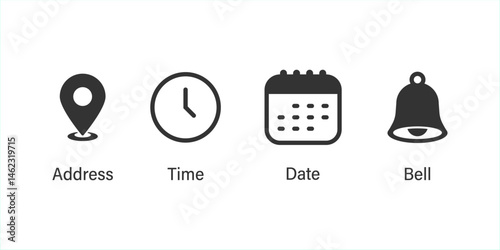 Time, date and address icon set. Calendar, clock, location. Vector illustration. Vector illustration.