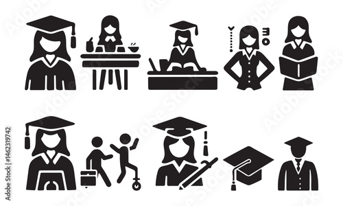 Education and Students silhouette icon set vector on white background.