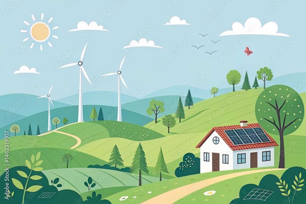 Eco Friendly House in Green Hills with Wind Turbines and Solar Panels