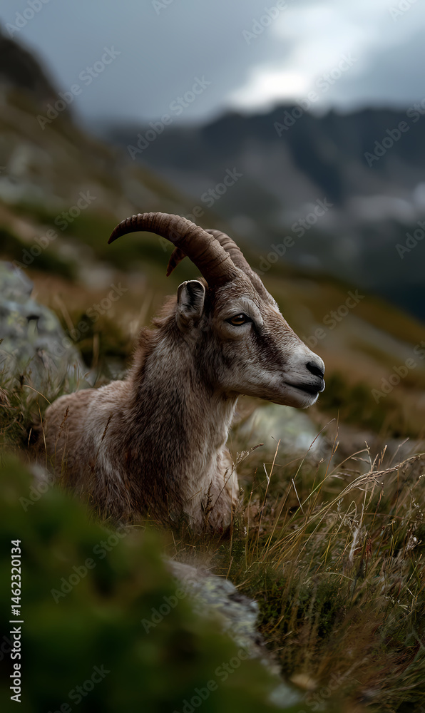 Majestic Mouflon or Wild Mountain Sheep Resting Serene in High Alpine Grassland, Exhibiting Impressive Curved Horns Against a Softly Blurred Rugged Mountain Landscape at Dusk Majestic Mouflon or Wild Mountain Sheep Resting Serene in High Alpine Grassland, Exhibiting Impressive Curved Horns Against a Softly Blurred Rugged Mountain Landscape at Dusk