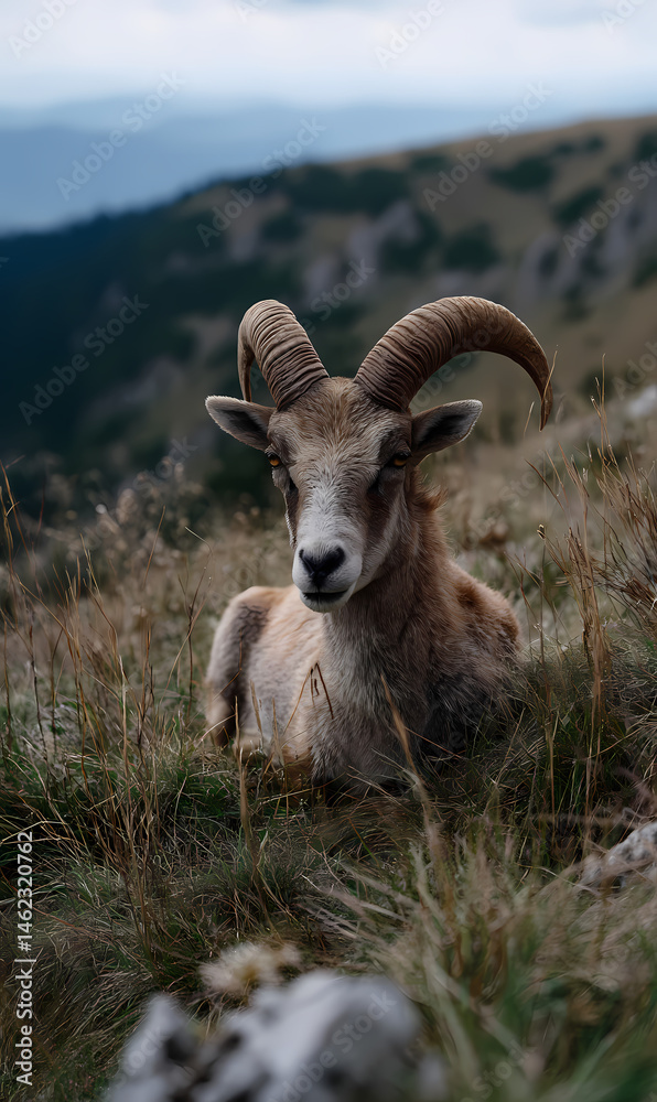 Fototapeta premium Close-Up Portrait of a Resilient Wild Ram Lying Peacefully in Dry Mountain Grass, with Distant Peaks in the Background, Embodying the Spirit of Untamed Wilderness and Natural Beauty in its Habitat