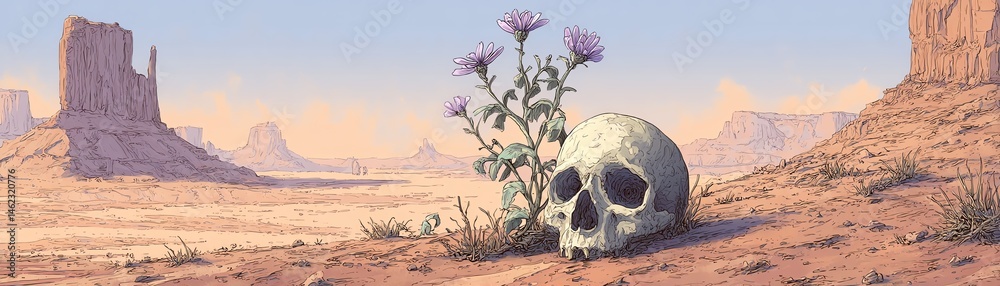 Skull in a desert, surrounded by thorns, with majestic mountains in the background.