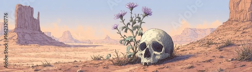 Obraz na płótnie Skull in a desert, surrounded by thorns, with majestic mountains in the background. w salonie