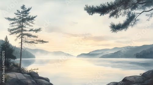 Serene lake landscape at dawn with misty mountains. photo