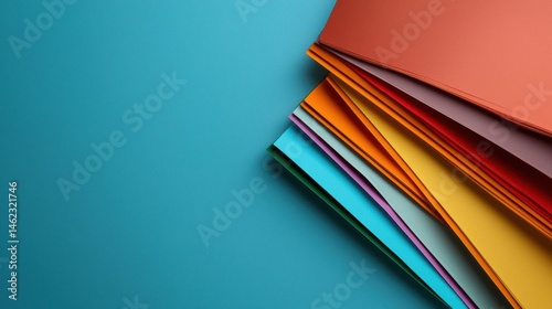 Stack of colorful papers on a blue background. the papers are arranged in a way that they are overlapping each other, creating a sense of depth and dimension.