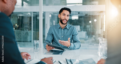 Job interview, discussion and businessman with CV in office for recruitment, opportunity or onboarding. Meeting, human resources and candidate with hiring vacancy in workplace for career growth.