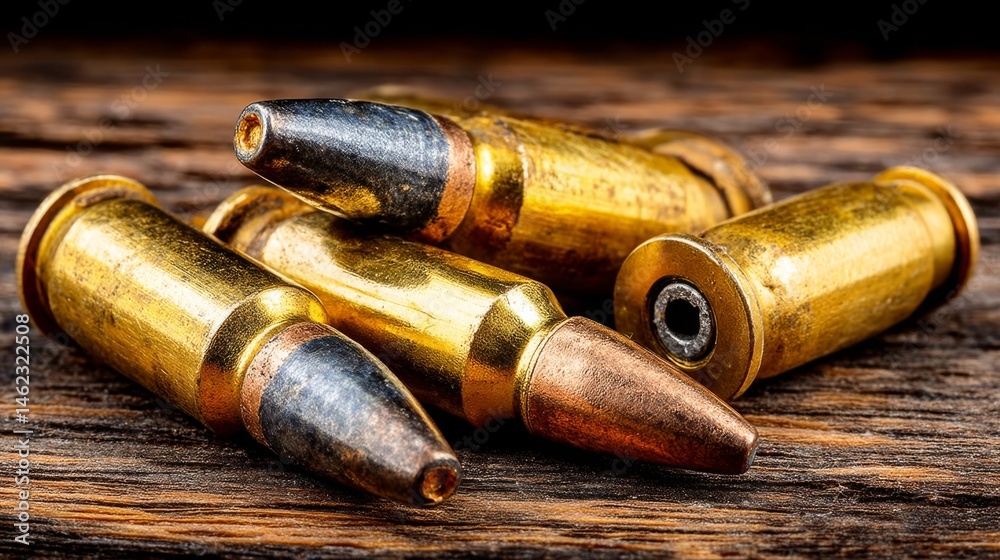 Close-up of shiny brass bullets resting on a wooden surface Close-up of shiny brass bullets resting on a wooden surface