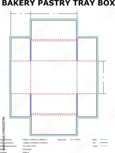 Blueprint illustration of bakery pastry tray box with dimensions and technical specifications