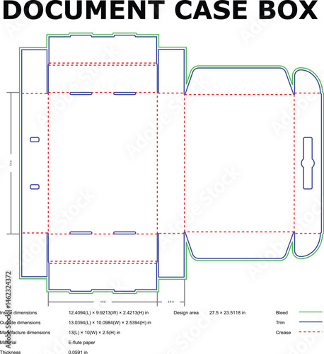 Document case box blueprint with dimensions and cutting guidelines for packaging design
