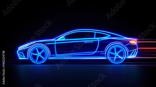 Neon-lit car silhouette with motion blur on a black background, a high-speed concept, side view. Car speed light concept.