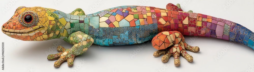 Colorful mosaic lizard art piece on a white isolated background.