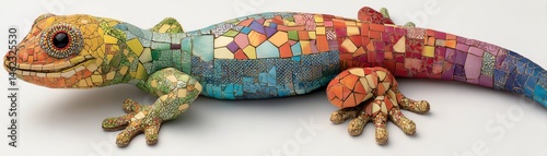 Obraz na płótnie Colorful mosaic lizard art piece on a white isolated background. w salonie