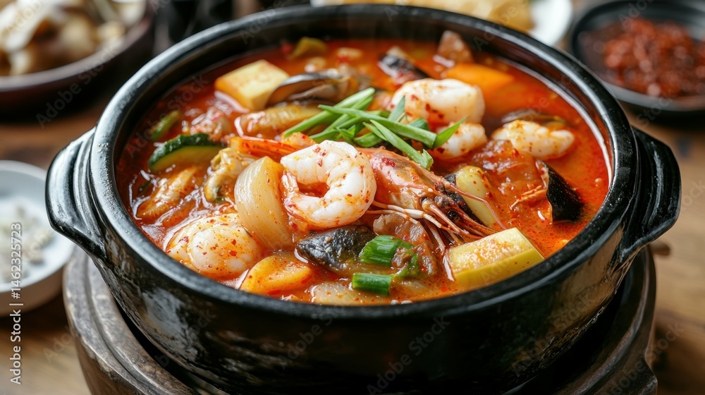 A delicious bowl of spicy stew featuring various ingredients, likely seafood and vegetables, served in a traditional black clay pot, showcasing a vibrant red sauce. Sundubu Jjigae