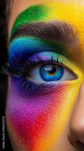Eye is showcased with vibrant rainbow makeup, highlighting the detailed texture and varied colors surrounding the pupil.