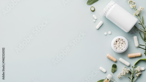Healthcare Capsules and Tablets Arranged With Natural Elements on a Clean Surface Promoting Wellness