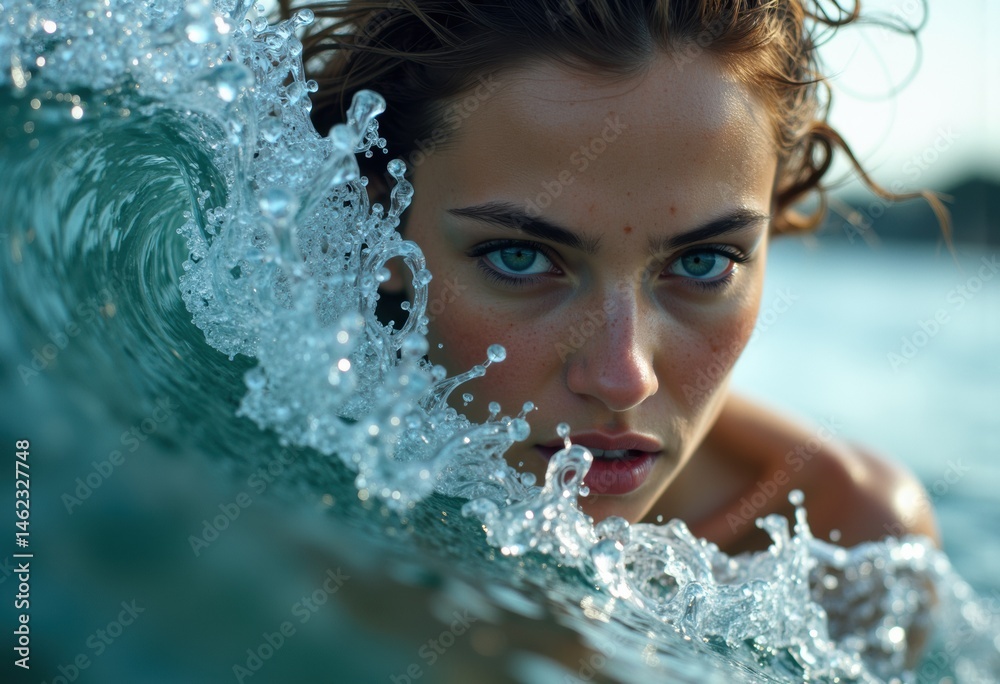 Obraz premium Intense gaze of a woman emerging from ocean waves, capturing raw beauty