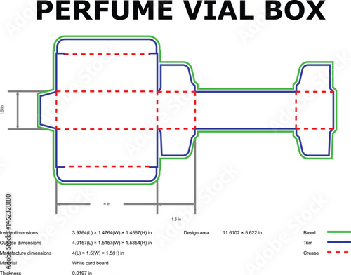 Perfume vial box diagram showing dimensions bleed trim crease lines for packaging design