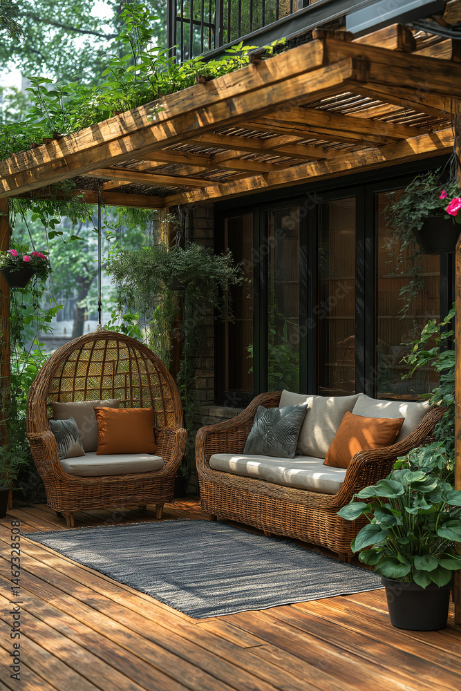 Fototapeta premium Fauteuils suspendus sous pergola en bois dans un jardin zen luxuriant avec plantes vertes, terrasse design et ambiance extérieure relaxante
