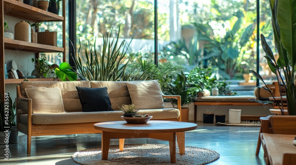 Fototapeta premium Cozy living room with natural light and greenery. Wooden furniture, plush seating, and a round coffee table