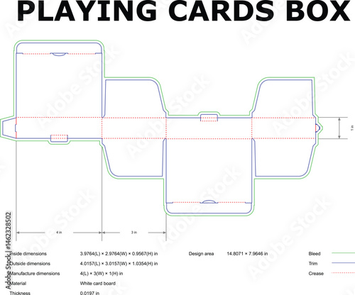 Detailed diagram of a playing cards box die cut template with measurements and dimensions