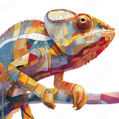 Colorful chameleon on a branch, vibrant patterns, white isolated background.