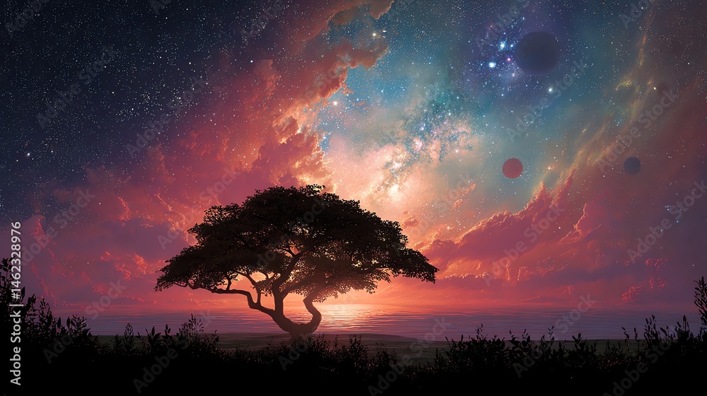 Stunning silhouette of a tree against a vibrant cosmic sunset
