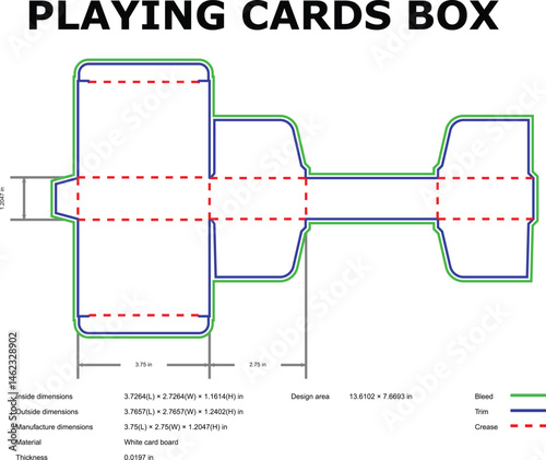 Detailed template and specifications of a playing cards box design for packaging purposes
