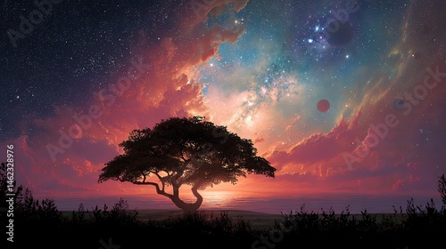 Obraz na płótnie Stunning silhouette of a tree against a vibrant cosmic sunset w salonie
