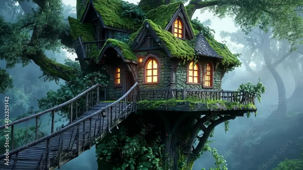 Enchanted Treehouse: A whimsical treehouse nestled high in a majestic forest, its mossy roof and glowing windows hinting at a secret world. Its wooden bridge leads to an enchanting realm. Enchanted Treehouse: A whimsical treehouse nestled high in a majestic forest, its mossy roof and glowing windows hinting at a secret world. Its wooden bridge leads to an enchanting realm.