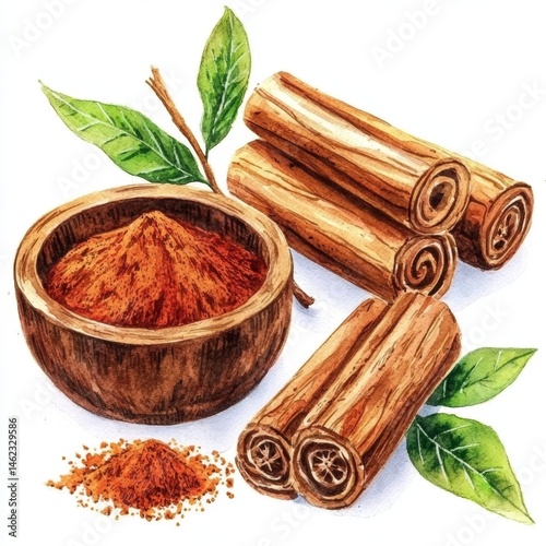 Illustration showcasing aromatic red powder and green leaf design.