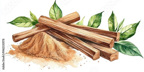 Vibrant depiction of sandalwood sticks and powder.