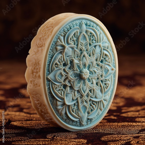 Obraz na płótnie Intricate carved blue and white decorative piece with floral design, isolated background. w salonie