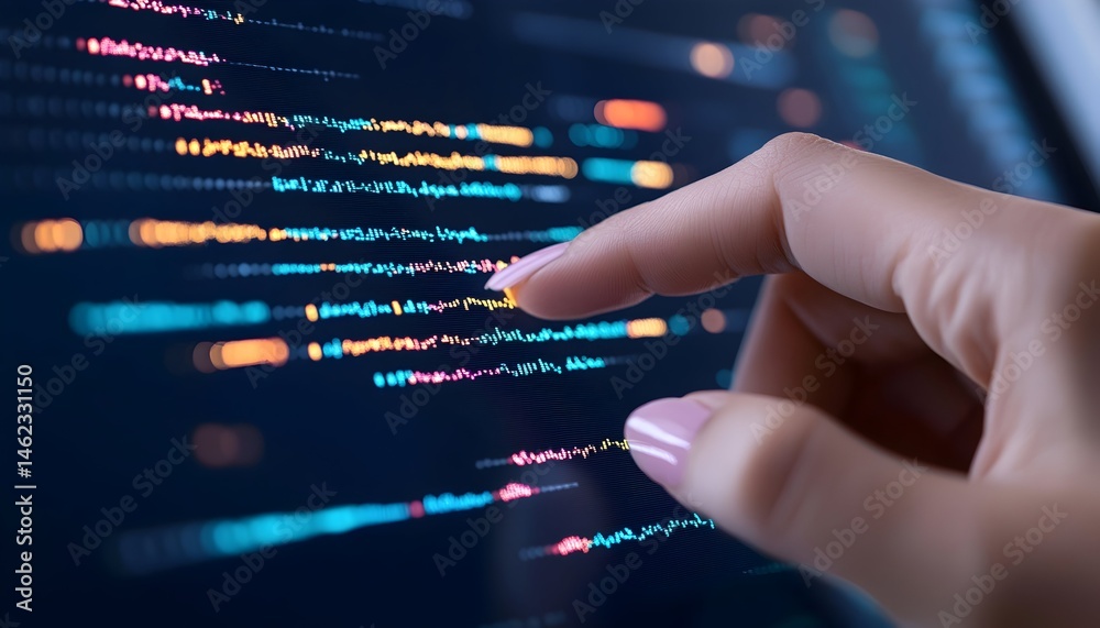 A finger delicately points at lines of colorful code displayed on a dark screen