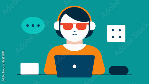 Laptop on Bed An individual with a visual impairment uses a laptop on their bed wearing headphones. They are utilizing a screen reader with braille labels on the laptop for ease of