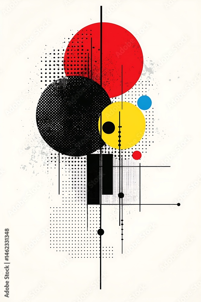 Obraz premium Abstract geometric composition of circles, squares, and lines in bold colors