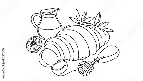 Continuous one single minimal line drawing Croissants