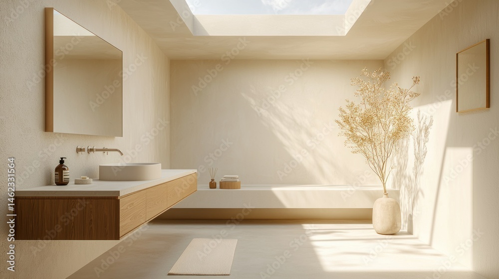 Fototapeta premium Minimalist bathroom bathed in natural light. A serene space with a floating vanity, a large mirror, and a potted plant. Soft, warm tones create a calming atmosphere