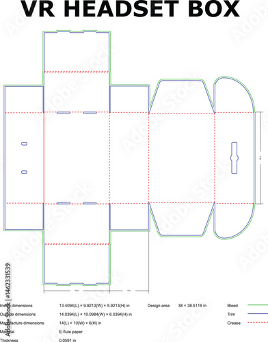 Detailed vector design of a vr headset box packaging template for manufacturing purposes.