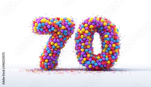 Colorful Balloons Forming Number Seventy on White Background