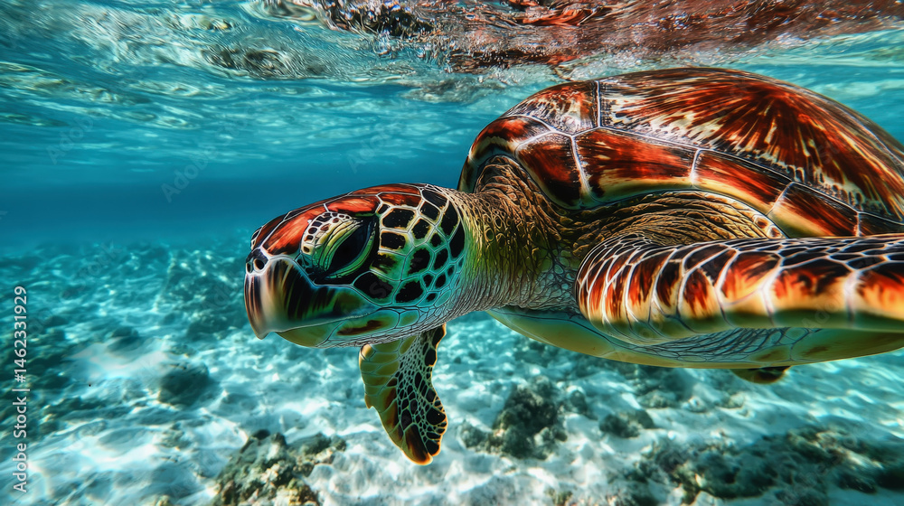 Obraz premium A sea turtle with a stunning shell of greens, reds, and browns swims gracefully in clear turquoise water over a white sandy ocean floor, with the water's surface shimmering above