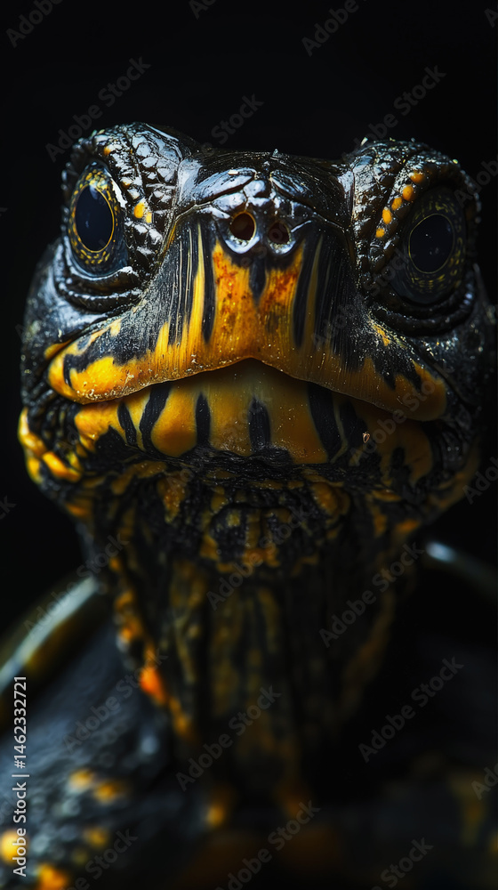 Obraz premium An extreme close-up front view of a turtle's face, showcasing its symmetrical yellow and black striped patterns, large dark eyes, and wet-looking skin against a stark black background