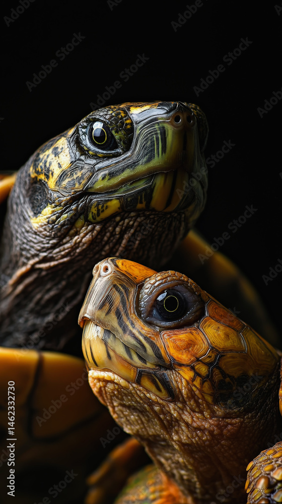 Obraz premium A vertical close-up features two turtles, one above the other. The top one has dark skin with green/yellow patterns; the lower one is brighter with orange/yellow hues against a black background