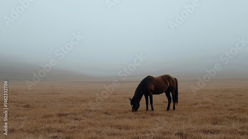 Horse grazing in a vast open field. the field is covered in dry grass and the sky is hazy and foggy. the horse is dark brown in color and is standing on all fours, with its head down to the ground. photo