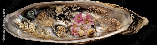 Obraz na płótnie Beautiful shell with colorful flowers and leaves, isolated on black background. w salonie