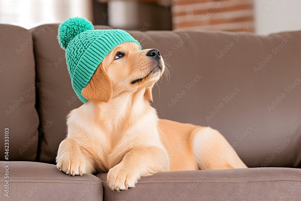 Adorable golden retriever puppy wearing a teal knit beanie, rests on a brown couch, looking up thoughtfully